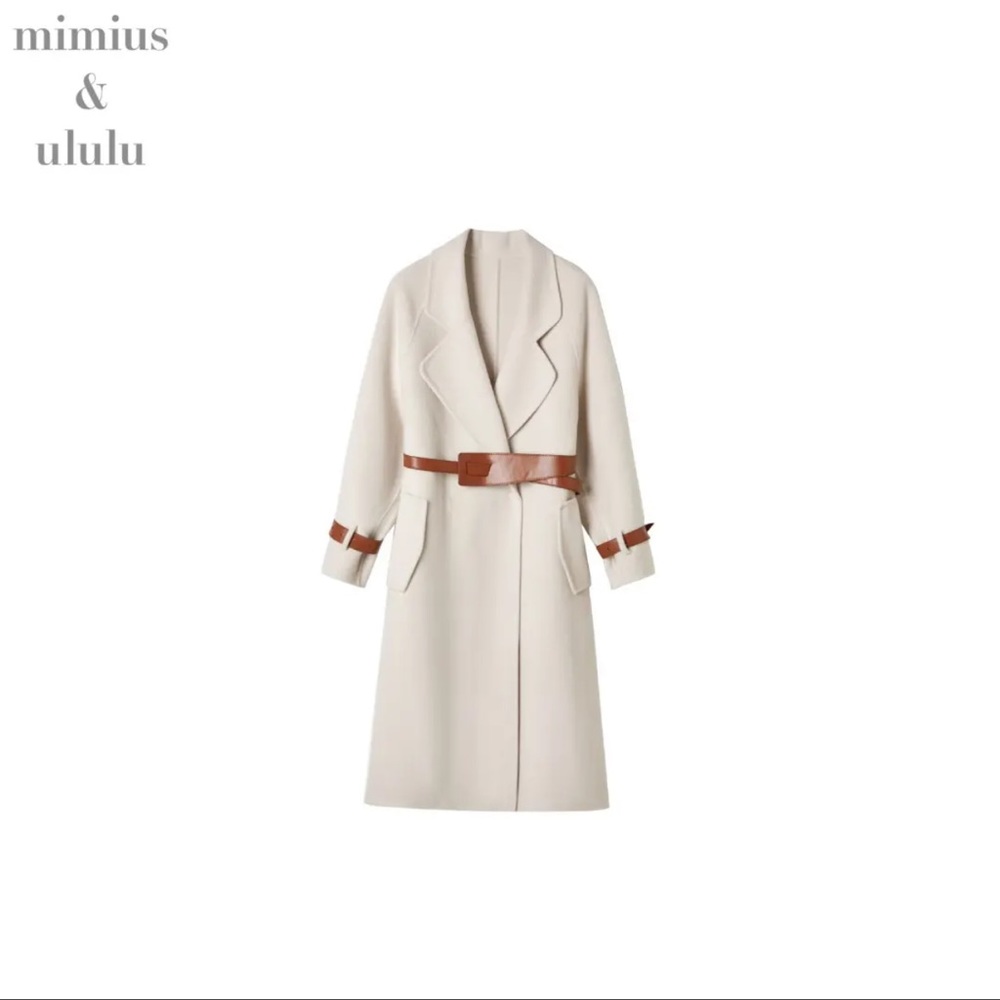 Cream Wool Coat w/ Leather Detail